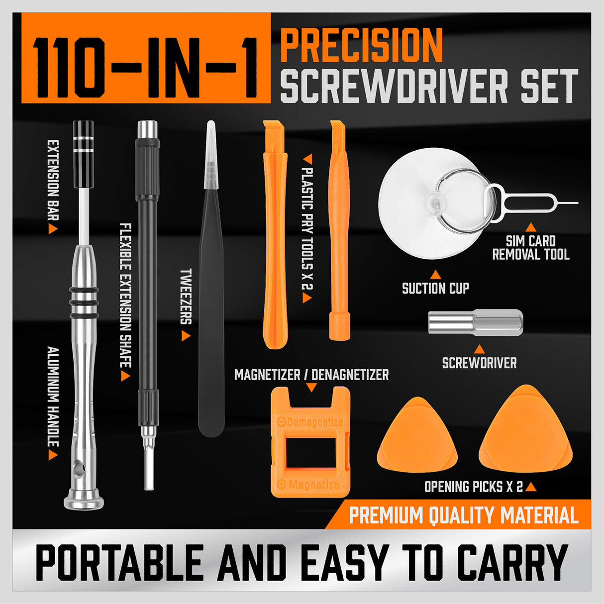 Comprehensive 110-in-1 Precision Screwdriver Kit with Magnetic Handle, Various Bits, and Repair Tools