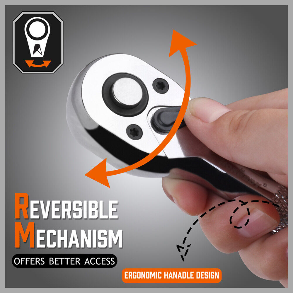 HORUSDY 3-Piece Stubby Socket Ratchet Wrench Set featuring 72-Tooth Mechanism and Durable CRV Construction, Sizes 1/2", 3/8", 1/4" with Storage Pouch