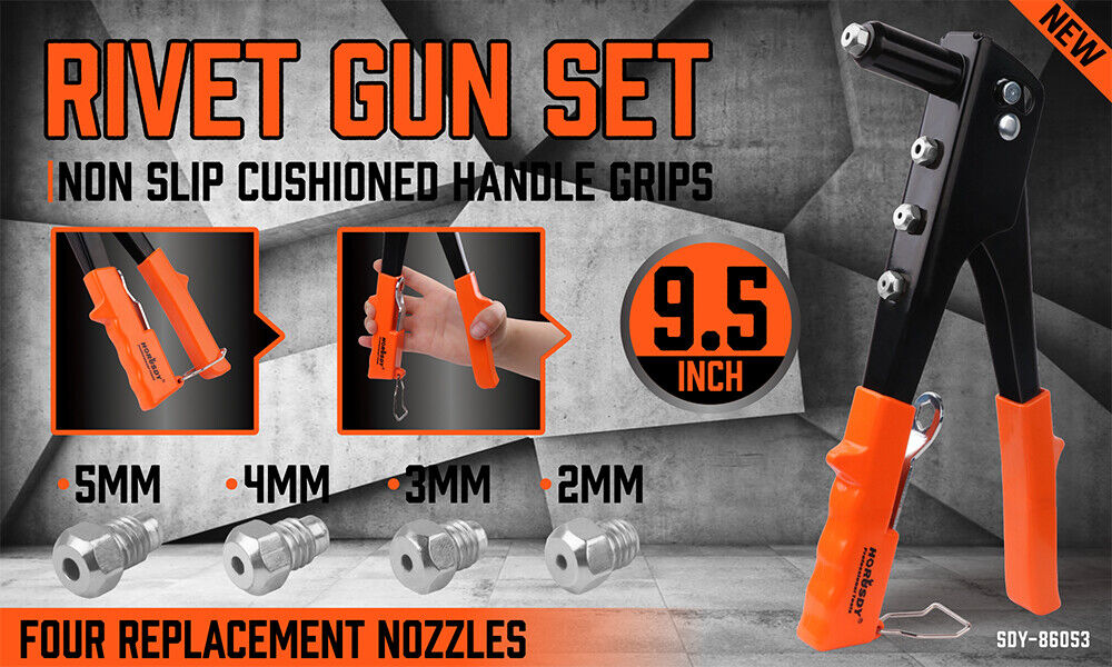 HORUSDY Heavy Duty 4-in-1 Pop Rivet Gun Set, Manual Riveter with Interchangeable Nozzles (5mm, 4mm, 3mm, 2mm) and Ergonomic Design for Easy Riveting