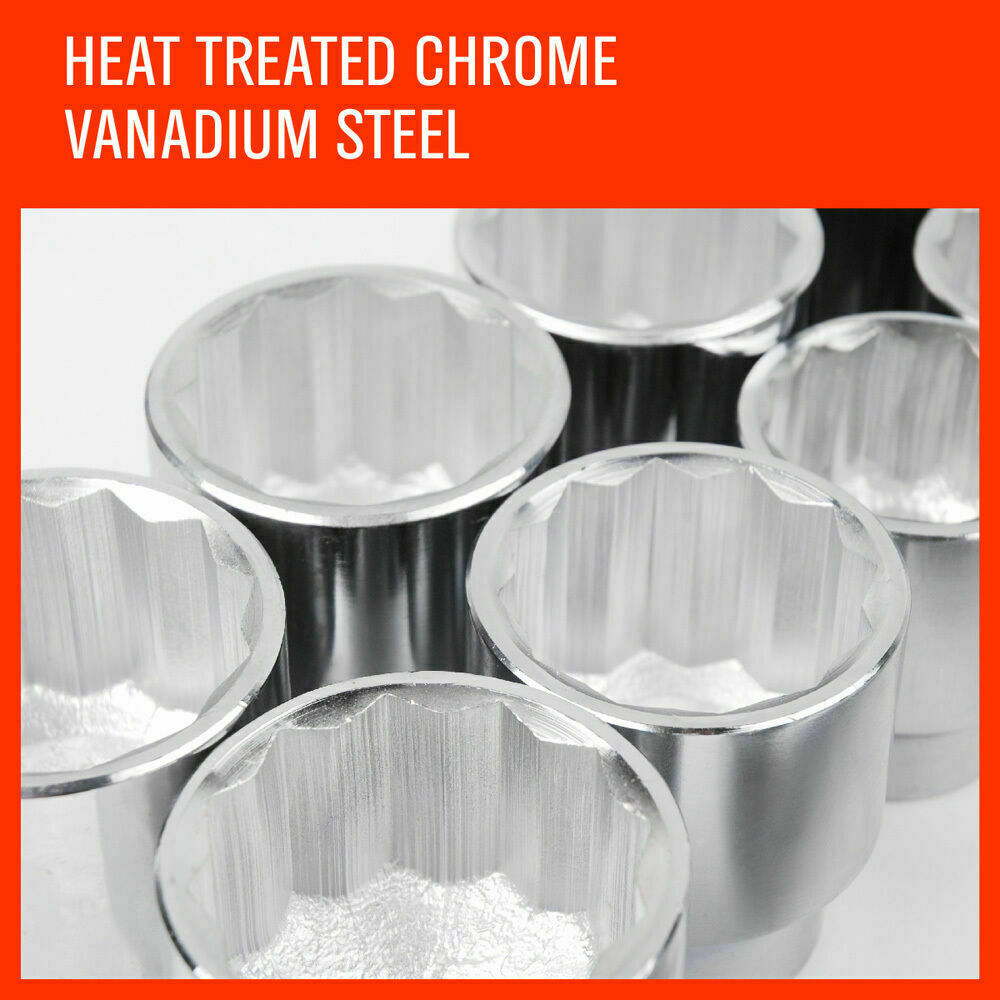 Comprehensive 27-piece heavy-duty socket and wrench set with 3/4" drive in both metric and imperial sizes, including ratchet, sliding T-bar, and extension bars in a durable steel case.