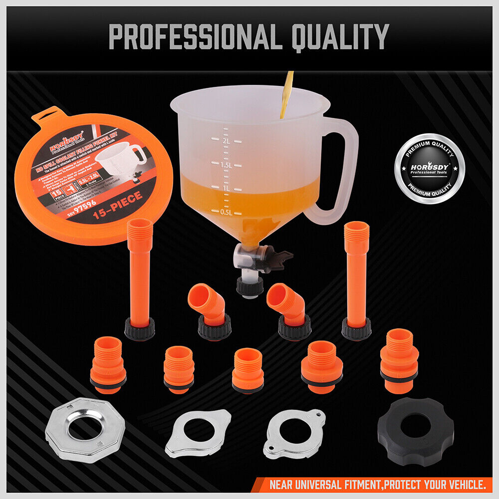 15 Piece No-Spill Coolant Funnel Kit with Valve Switch - Universal Fitment for Easy Vehicle Radiator Refill and Bleeding - Efficient and Reliable Automotive Tool