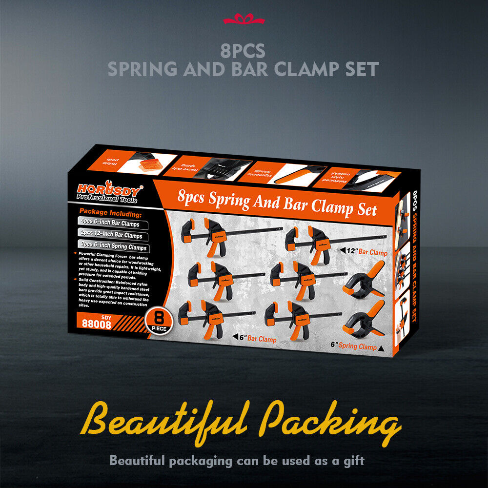 HORUSDY 8-Piece Bar and Spring Clamps Set with One-Handed Operation, ideal for Woodworking, featuring 6" and 12" Bar Clamps and 6" Spring Clamps