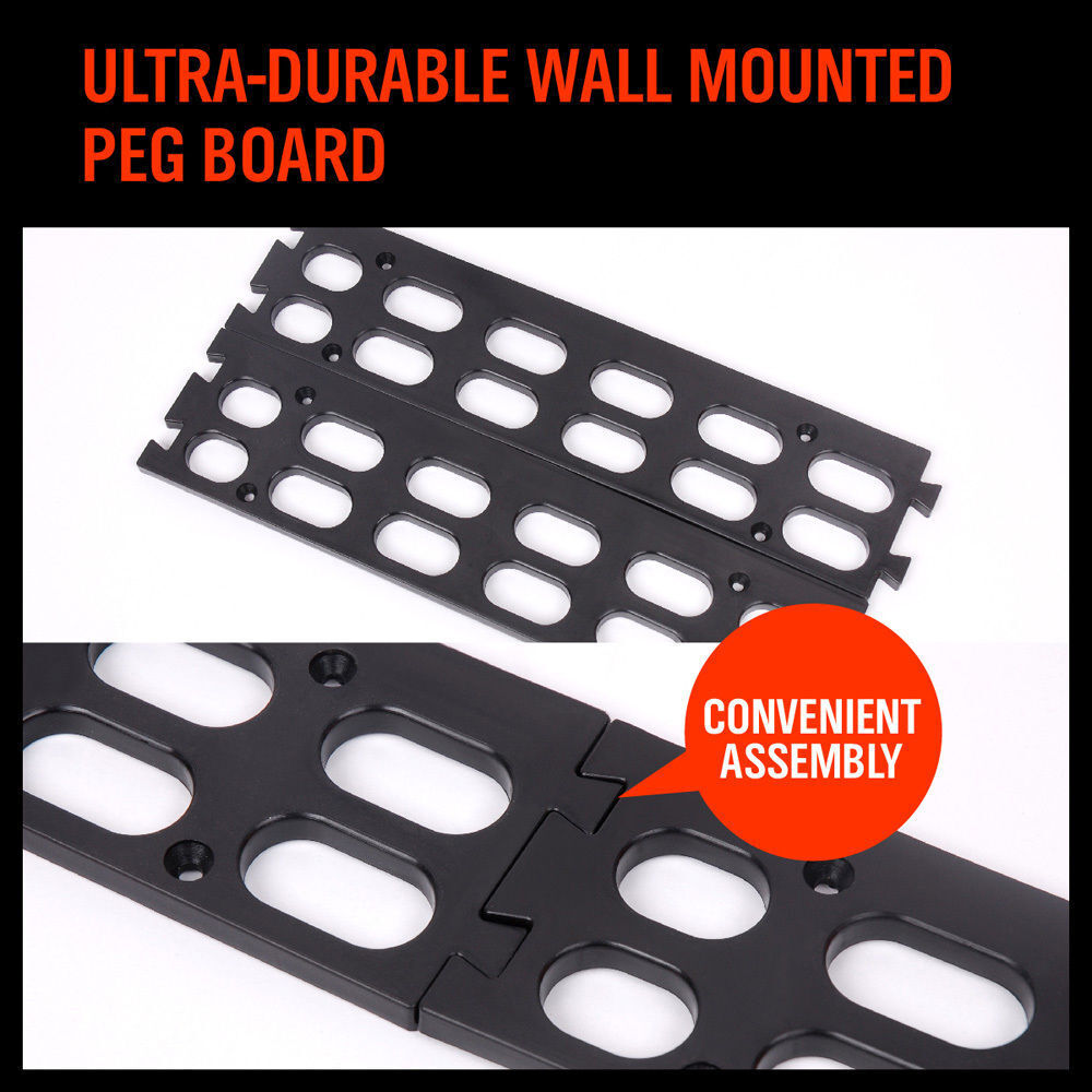 Robust Wall Mounted Bins Rack featuring 8 orange stackable plastic storage trays and 3 plastic racking, ideal for organizing small parts, tools, fishing tackle, and craft supplies. Designed to mount easily on pegboard, slot wall, or wooden studs, offering a versatile and space-saving solution for any workshop, garage, or hobby room