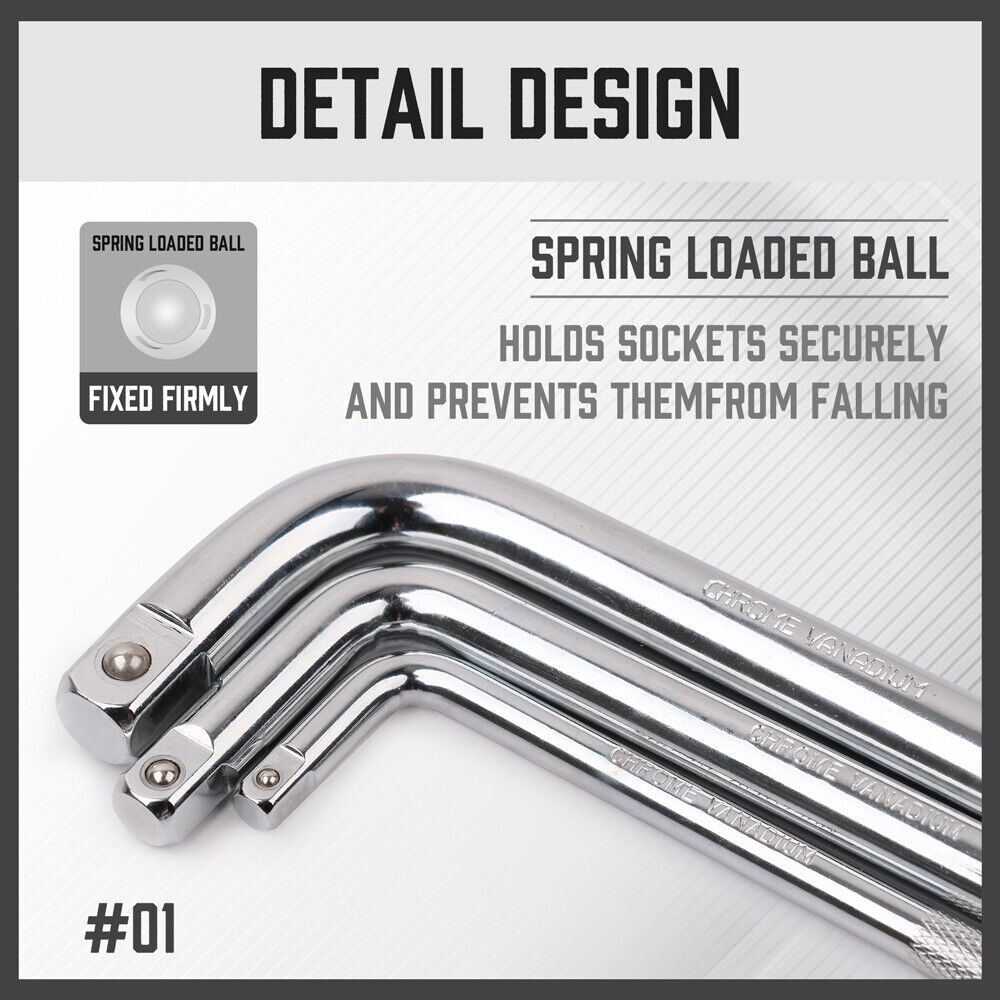 L Shape CR-V Steel Socket Extension Bar in 1/4", 3/8", 1/2" Drive Sizes, Chrome-Plated for Durability and Secure Socket Hold