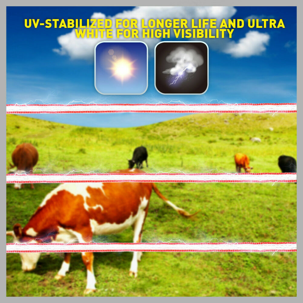 400-meter Roll of Red and White High-Visibility Poly Tape for Electric Fence, featuring 5 Strands of 0.2mm Stainless Steel Wire, UV Stabilized High-Grade Polyethylene, compatible with Fence Energiser