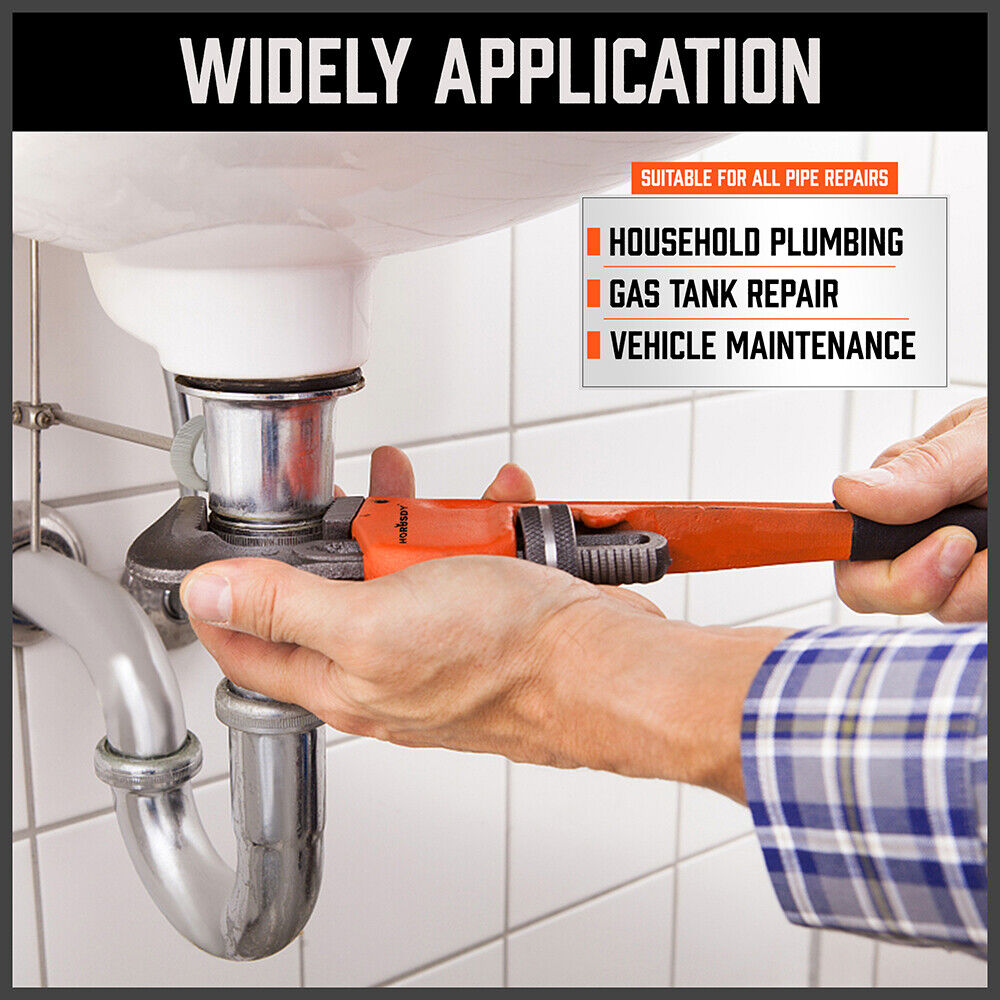 Set of four heavy-duty pipe wrenches in sizes 8, 10, 12, and 14 inches, featuring high-strength malleable cast iron handles and heavy forged steel heads for durability. The wrenches have sharp, precise teeth for a firm grip on pipes and comfortable plastic-wrapped handles for easy use.