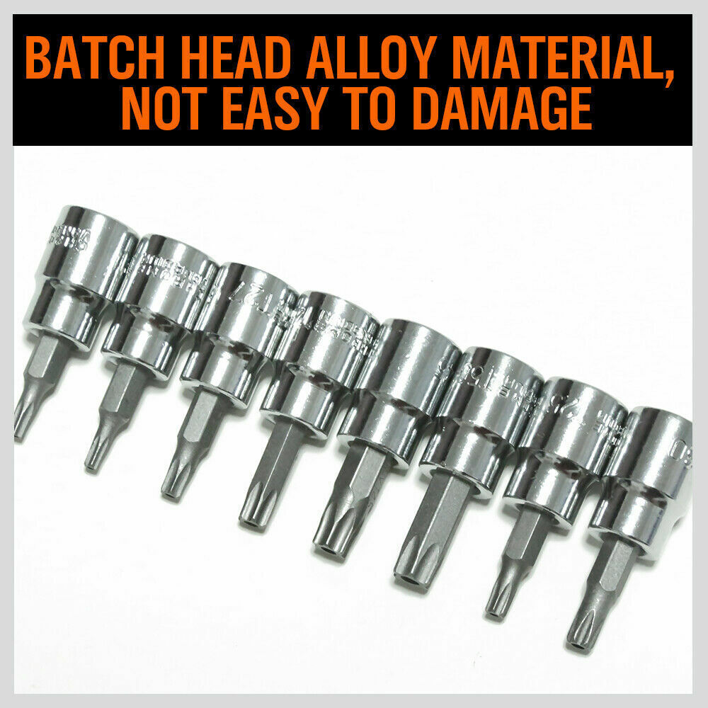 Durable 8-Piece Torx Bit Socket Set with Sizes T15-T50 - 3/8" Drive, Tamper Proof, Chrome Vanadium Steel, Includes Rail Holder