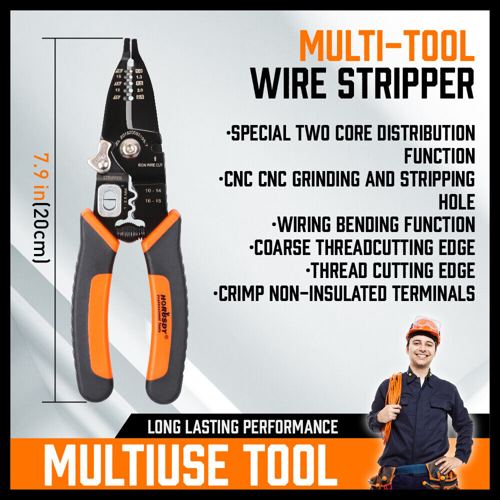 Versatile 8-Inch Wire Stripping Tool and Cutter - High-Quality Steel, Ergonomic Handle, Suitable for 10-24AWG Cables