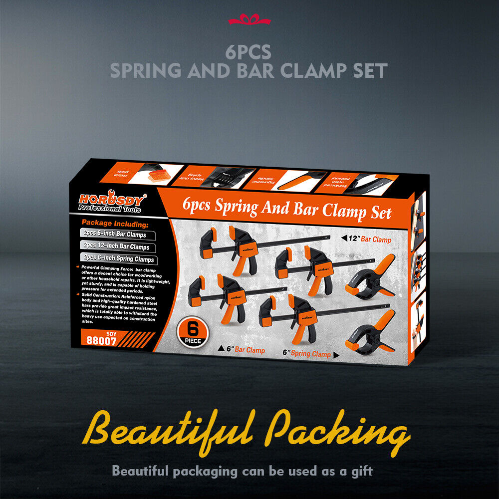 Versatile HORUSDY 6-Piece Woodworking Bar Clamp Set, Including 6'' and 12'' Clamps with Spreader Capability