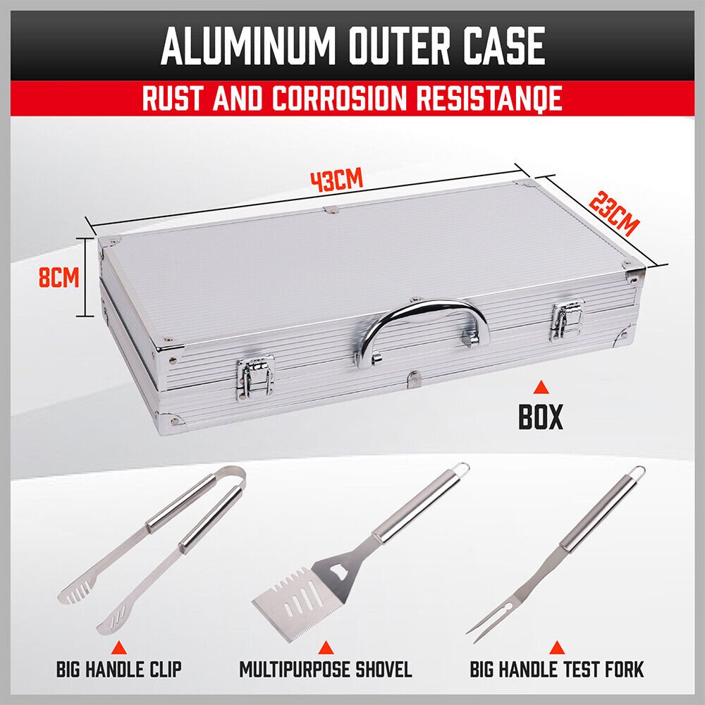 Complete 18-piece BBQ tool set crafted from durable stainless steel, including spatula, tongs, skewers, and more, housed in a sleek aluminum case