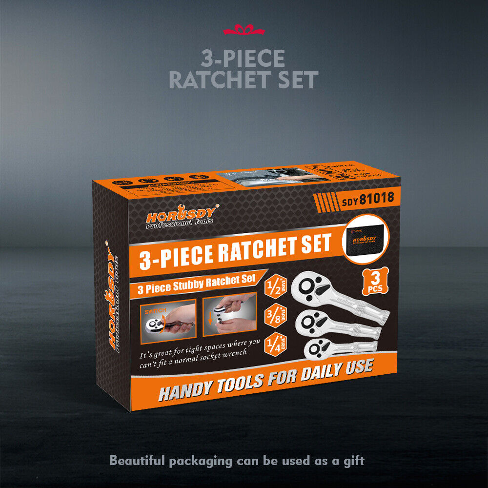 HORUSDY 3-Piece Stubby Socket Ratchet Wrench Set featuring 72-Tooth Mechanism and Durable CRV Construction, Sizes 1/2", 3/8", 1/4" with Storage Pouch