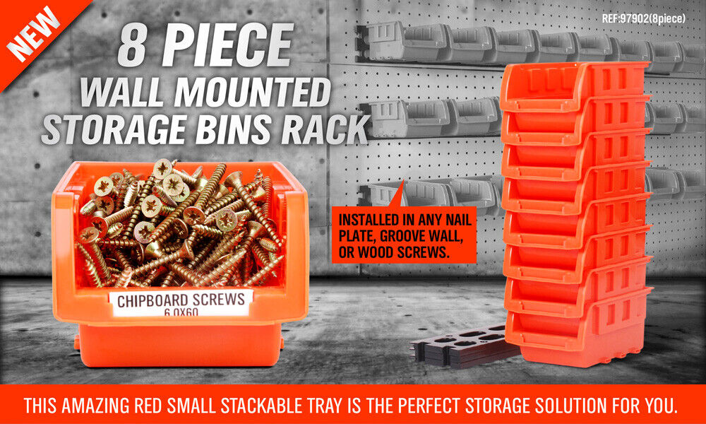 Wall Mounted Bins Rack | Versatile Parts Organiser & Tool Holder | 8 Tray Boxes with Mounting Board
