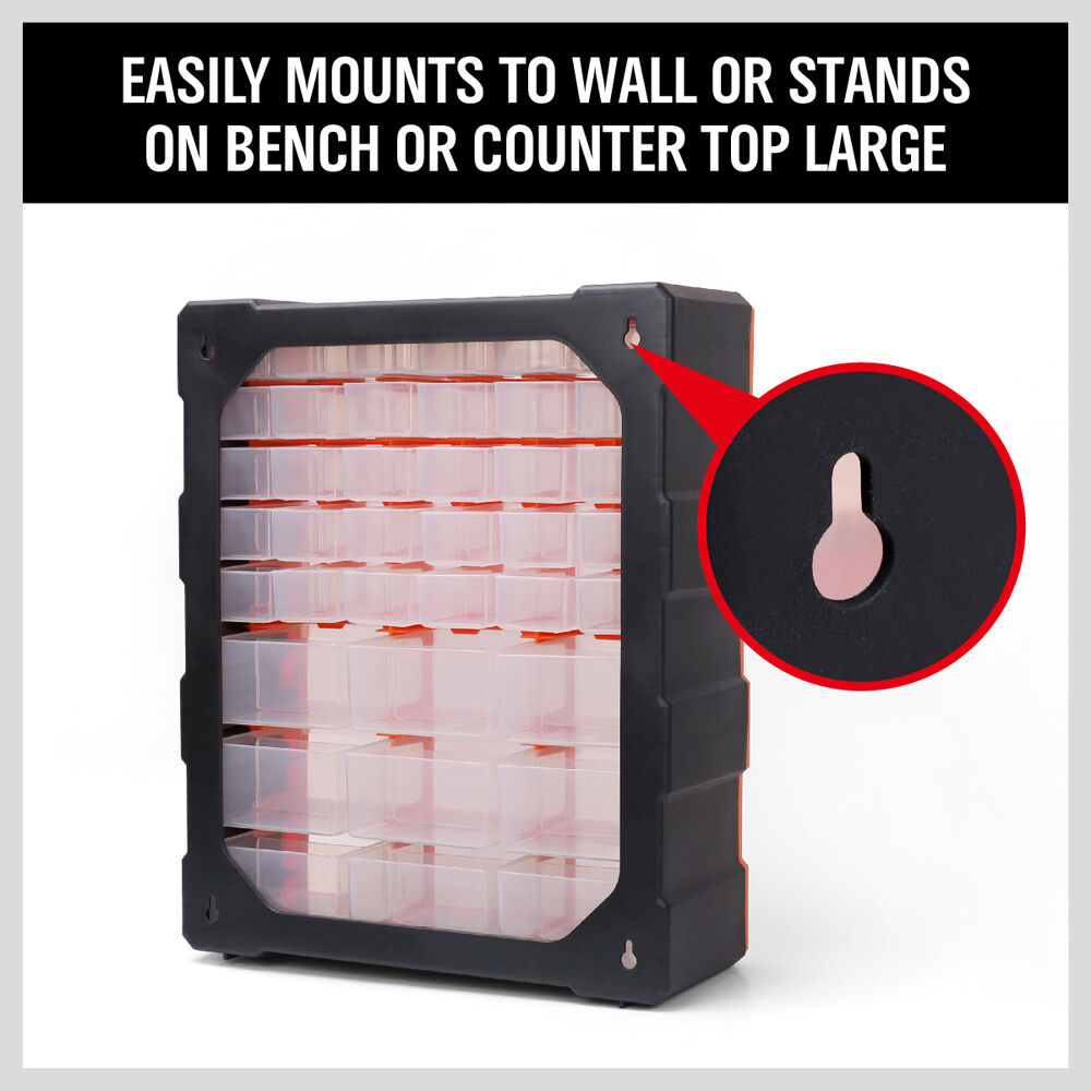 Heavy-duty 39-drawer cabinet set with anti-skid pads, mounting options and durable build for functionally organizing high volumes of tools, parts and industrial/commercial supplies in work environments.