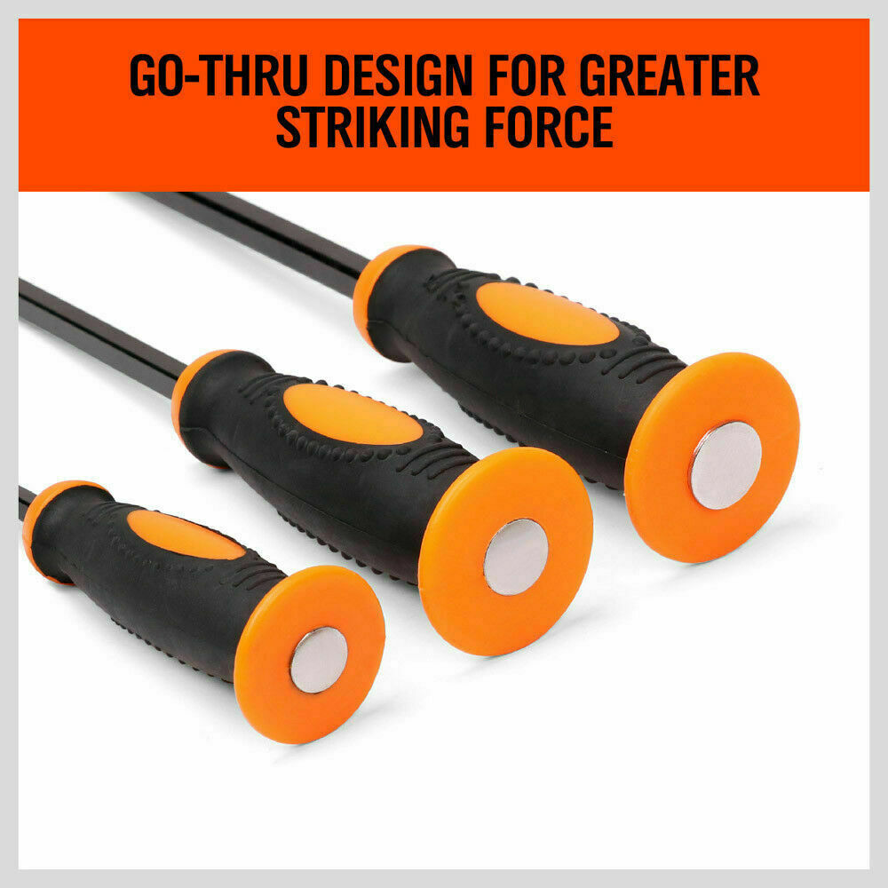Robust 3-Piece Impact Pry Bar Set with go-through design for optimal striking force and comfort grip handles with guards for secure handling.