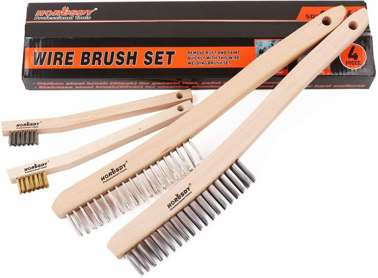 Set of 4 wire brushes with different sizes and materials, including stainless steel and brass, designed for rust removal and cleaning metal surfaces without scratching