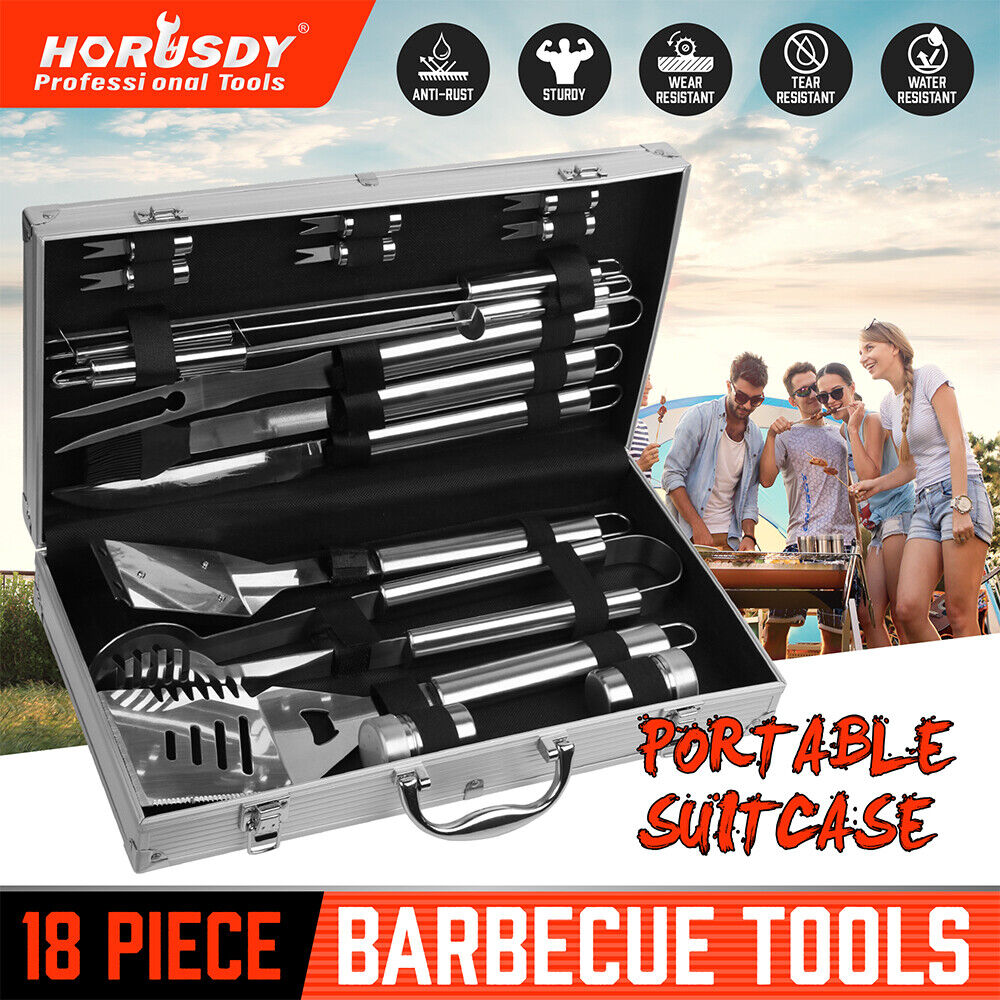 Complete 18-piece BBQ tool set crafted from durable stainless steel, including spatula, tongs, skewers, and more, housed in a sleek aluminum case