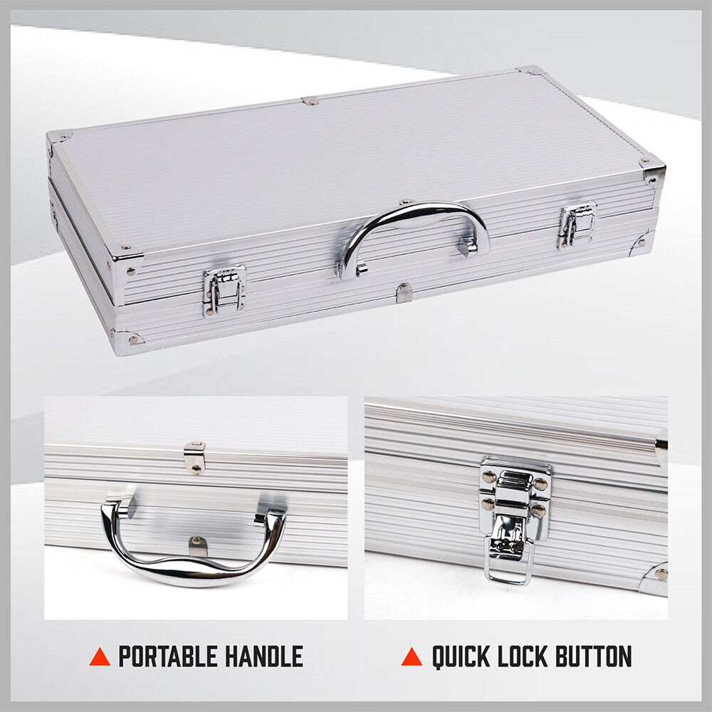 Complete 18-piece BBQ tool set crafted from durable stainless steel, including spatula, tongs, skewers, and more, housed in a sleek aluminum case