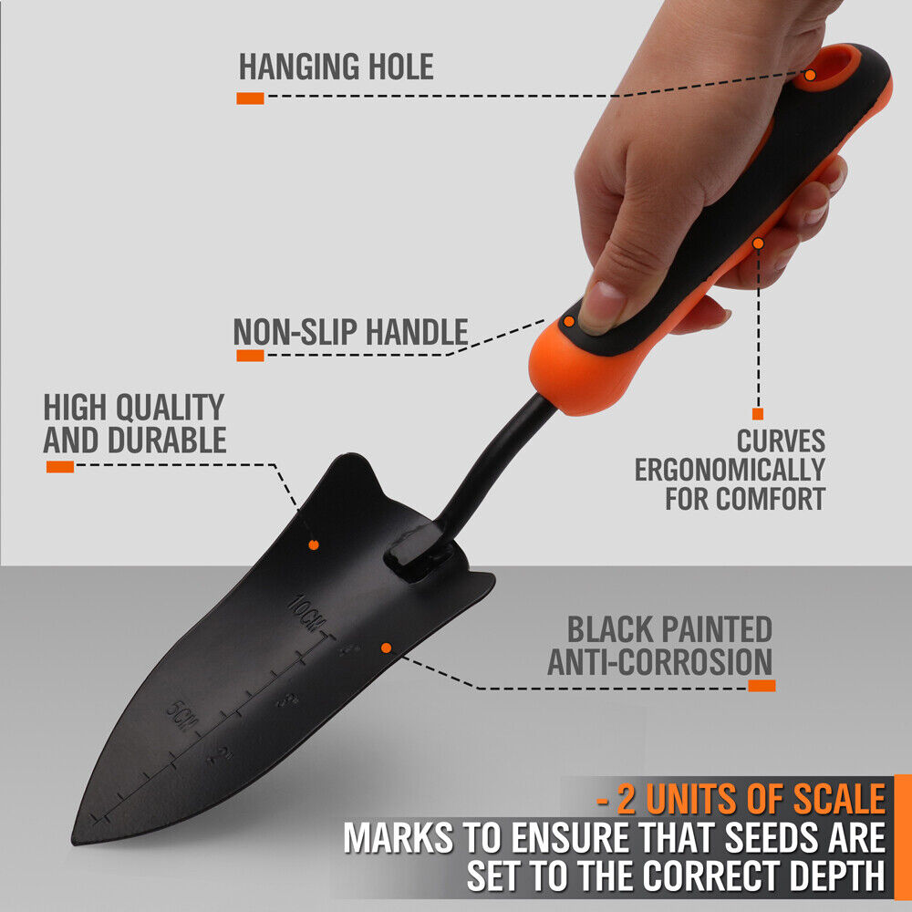 Durable 14-Inch Hand Shovel with Carbon Steel Blade and Rubber Handle for Gardening and Digging