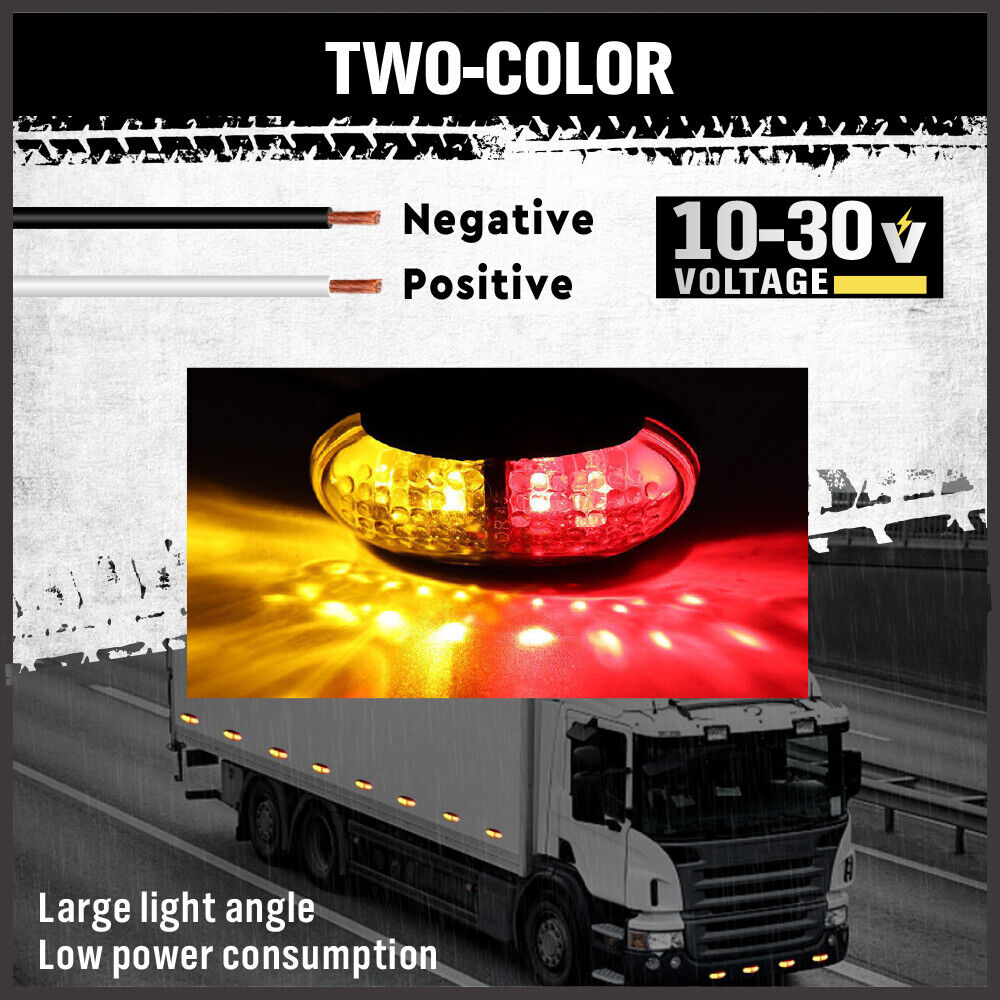 Set of 10 LED Clearance Side Marker Lights featuring ultra-bright red and yellow LED lamp beads, ideal for trucks, trailers, and caravans. Made of durable ABS and PC, shock and water-resistant, with low power consumption and easy installation.