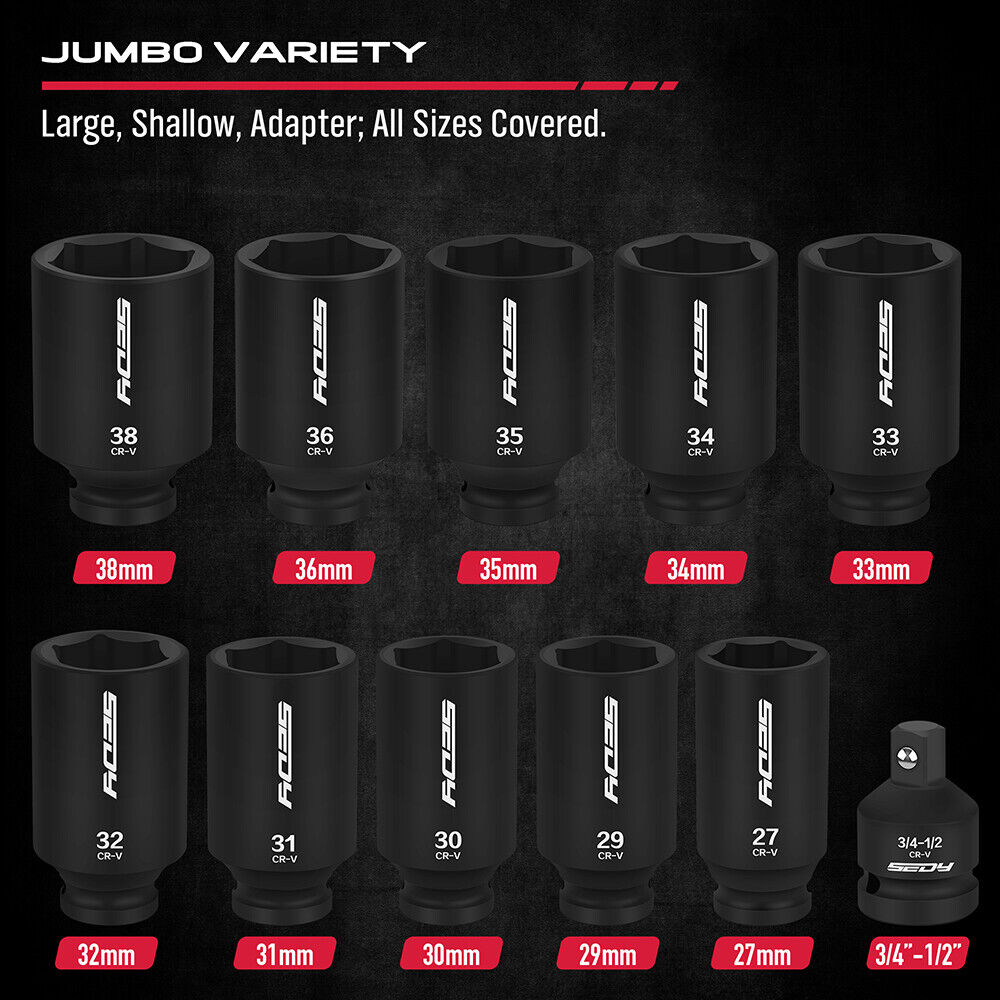 SEDY 11Pcs Metric Deep Impact Socket Set with Adapter for High-Torque Wheel Axle Nut Wrench Tasks