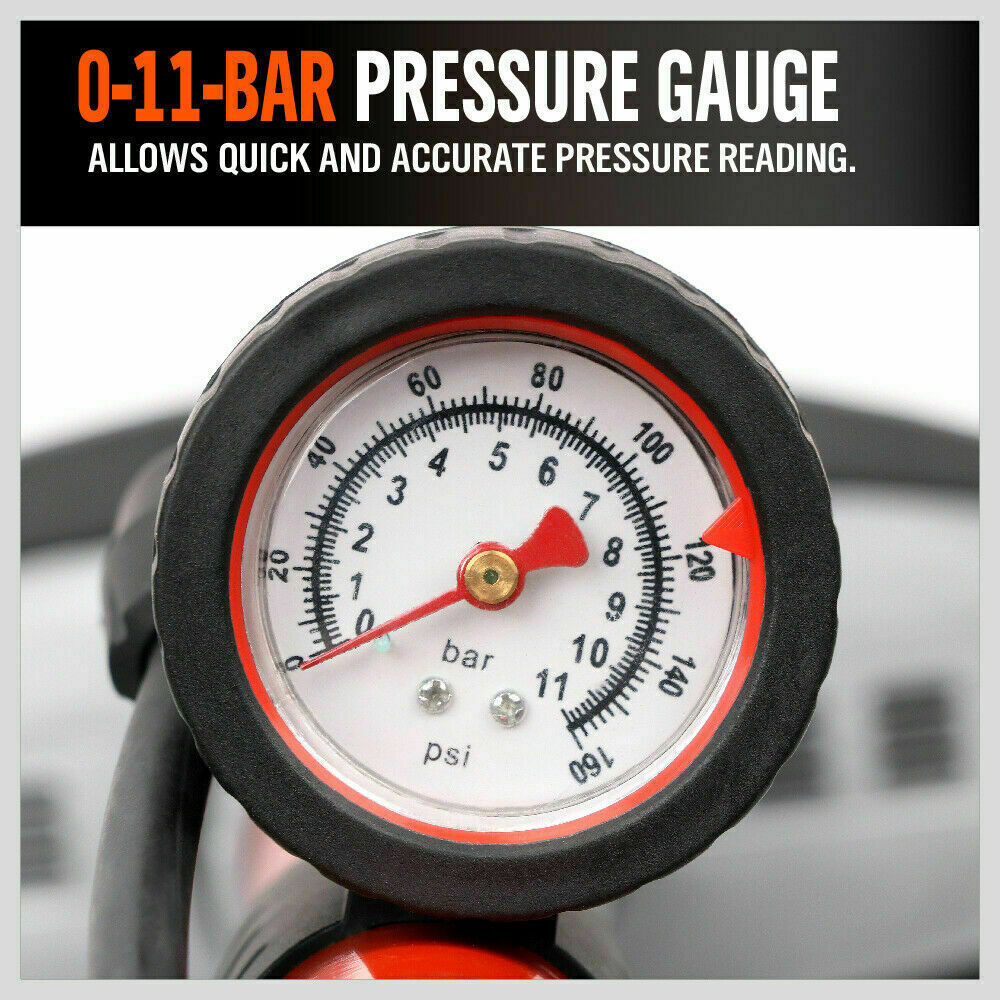 Durable High Pressure Bike Air Pump with Built-In Gauge - 160 PSI Capacity, Ergonomic Handle, Extra Long Hose, Includes Nozzles