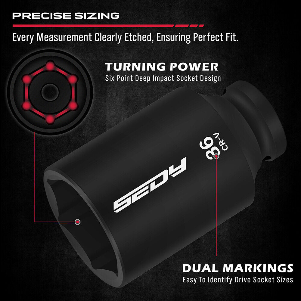 SEDY 11Pcs Metric Deep Impact Socket Set with Adapter for High-Torque Wheel Axle Nut Wrench Tasks