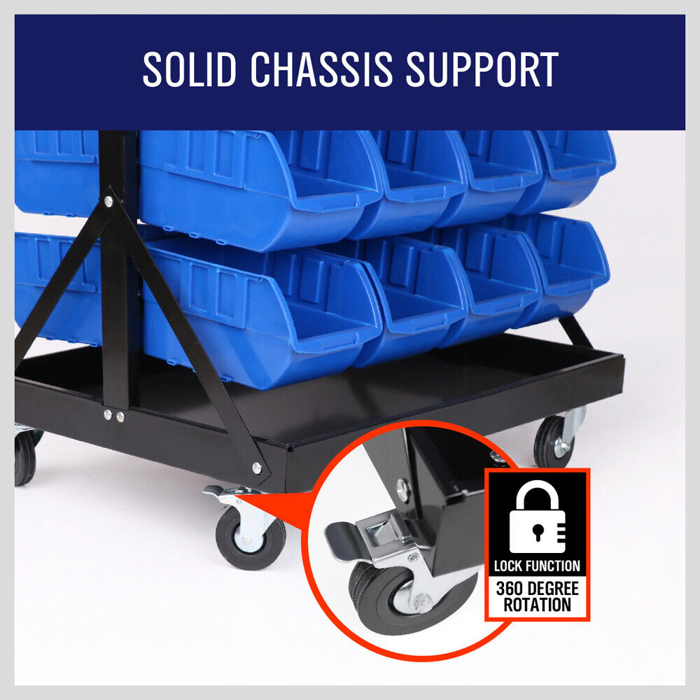 Mobile garage storage bin rack with 92 detachable bins and swivel wheels for organized tool and part organization.