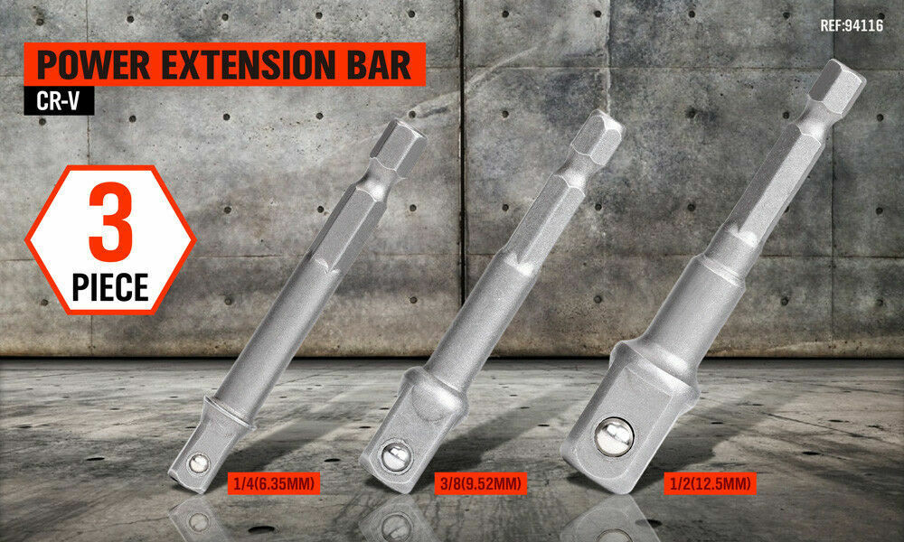 Durable 3Pc Drill Socket Adapter Set with chrome vanadium steel construction for impact drivers or drills.