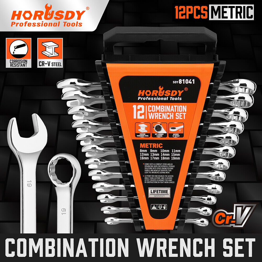 HORUSDY 12-Piece Metric Spanner Set, Chrome-Plated, Durable, Wear-Resistant, 8-19mm, Open & Ring Ended Wrenches, with Convenient Storage Clip