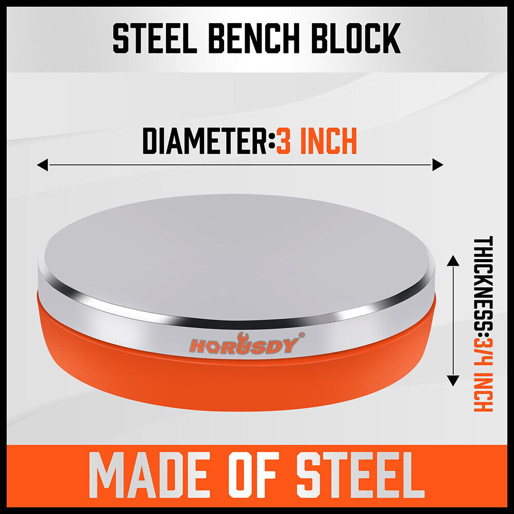Round 3-inch steel bench block with mirror polish and soft base for jewelry stamping, including two punches.