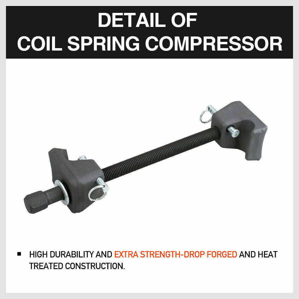 Heavy-duty coil spring compressor set for car and truck shock absorber replacement with storage case.