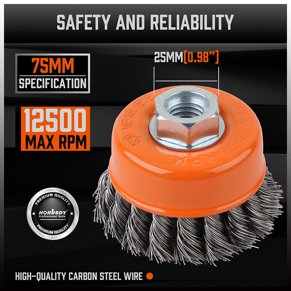 Durable 3-inch twist knot steel wire wheel cup brush for removing rust, weld scale, and burrs with M14 fitting.