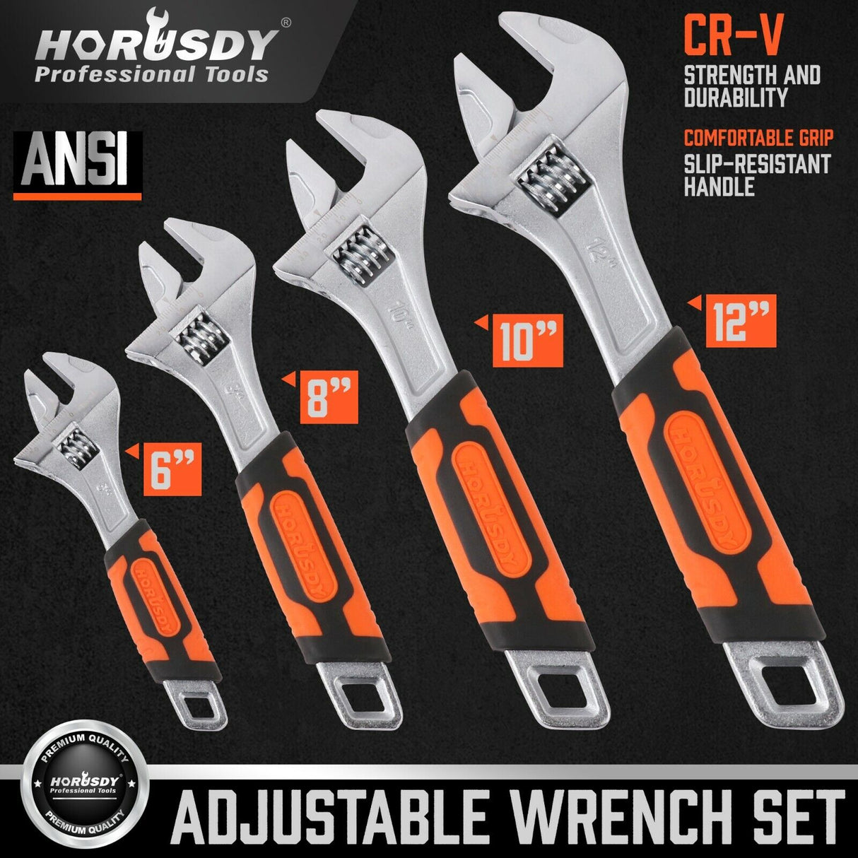 Set of Adjustable Wrenches in 6", 8", 10", 12" - Heavy Duty, Ergonomic DURAGRIP Handle, Chrome Vanadium Construction