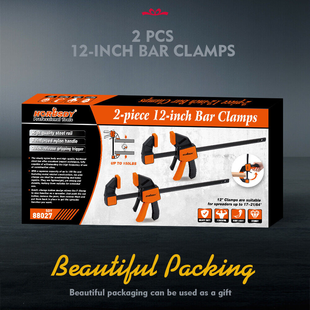 Set of 2 HORUSDY 12-inch Quick F Clamps with Adjustable 150Lbs Load Limit for Woodworking