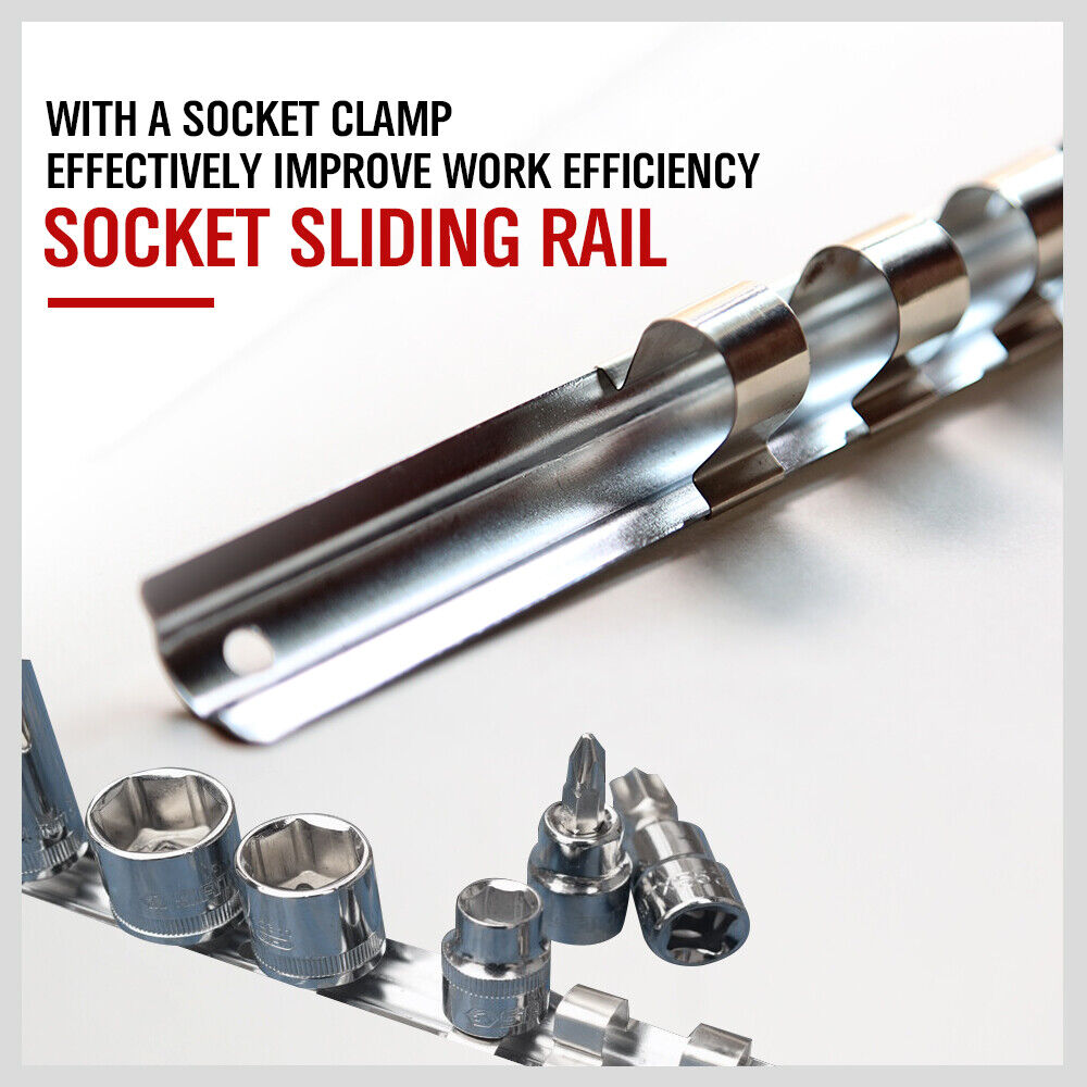 Durable 3-piece universal socket holder rail set for 1/4", 3/8", and 1/2" drive sockets.