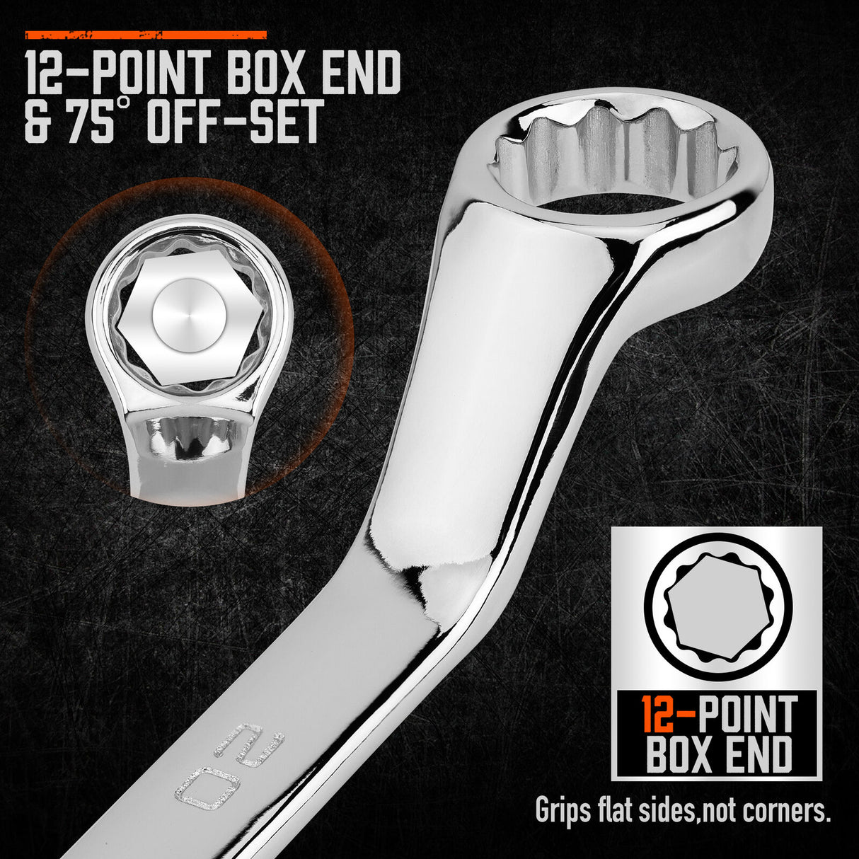 A complete set of 9 metric HORUSDY spanners with 75-degree offset and double box ends, displayed with a mirror finish for durability and precision.