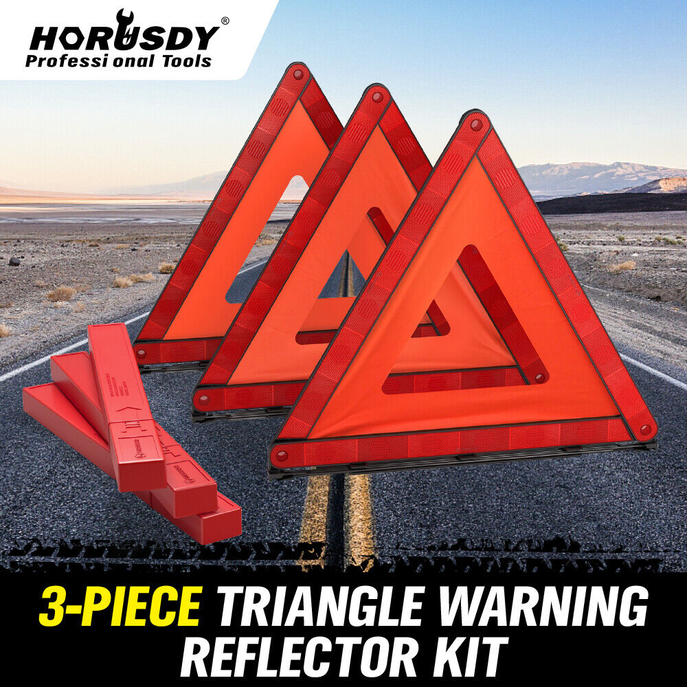 Set of 3 high-quality, durable emergency warning triangles with fluorescent orange frames and red acrylic reflectors, ideal for roadside safety.