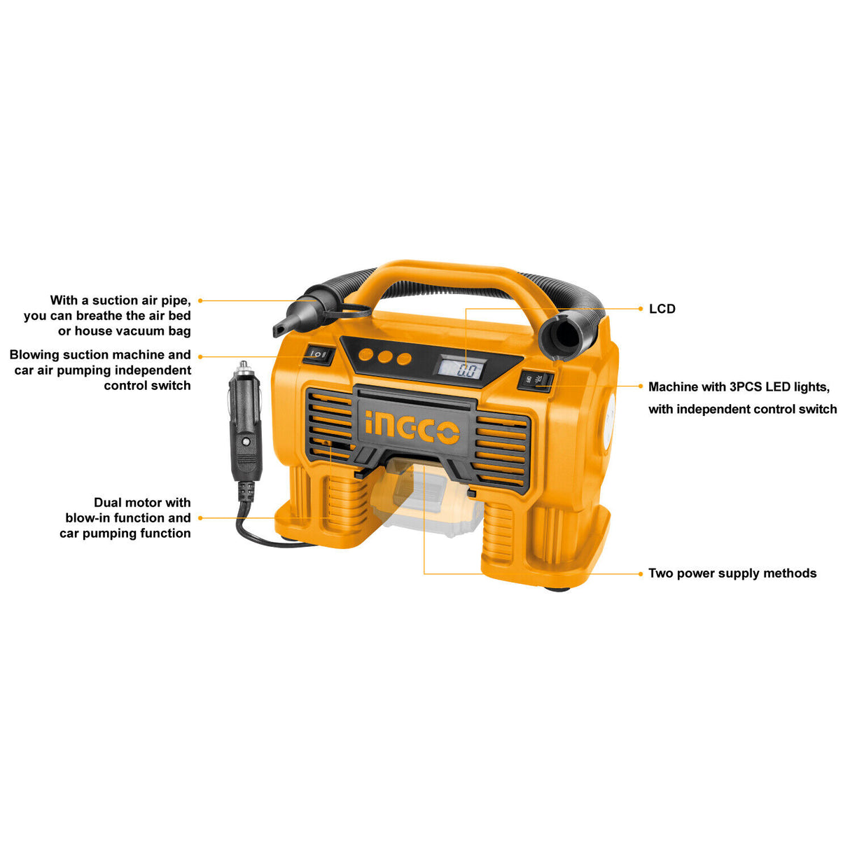 INGCO Air Compressor Tyre Inflator Pump with LED Display
