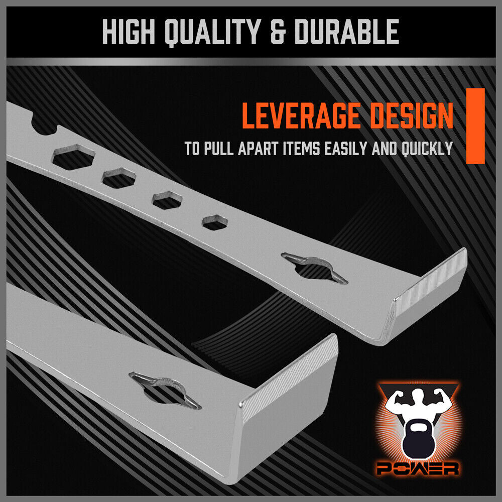 Durable stainless steel pry bars with hooked and flat ends for lifting, scraping, and prying.