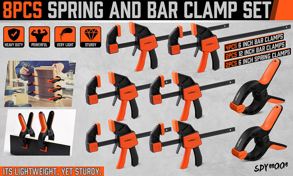 HORUSDY 8-Piece Bar and Spring Clamps Set with One-Handed Operation, ideal for Woodworking, featuring 6" and 12" Bar Clamps and 6" Spring Clamps