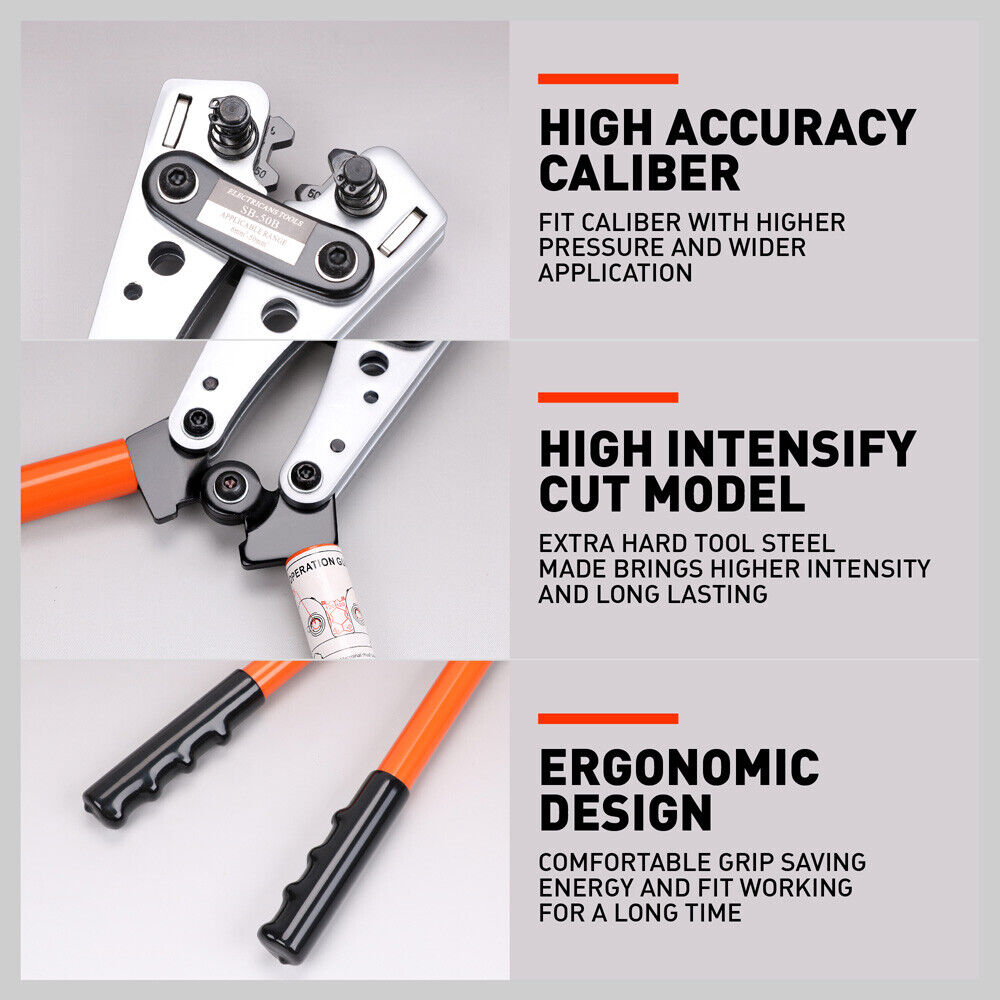 Heavy-Duty 6-50 mm² Wire Crimper with Built-in Dies - Anti-Slip Hand Tool for Cable Crimping and Electrical Connections