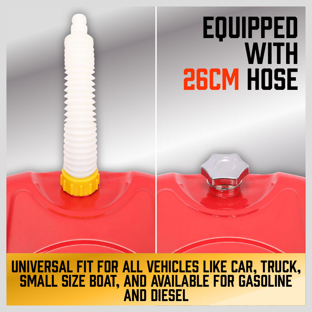 Sturdy 20L Jerry Can for fuel storage and transportation, equipped with a convenient hose for easy pouring