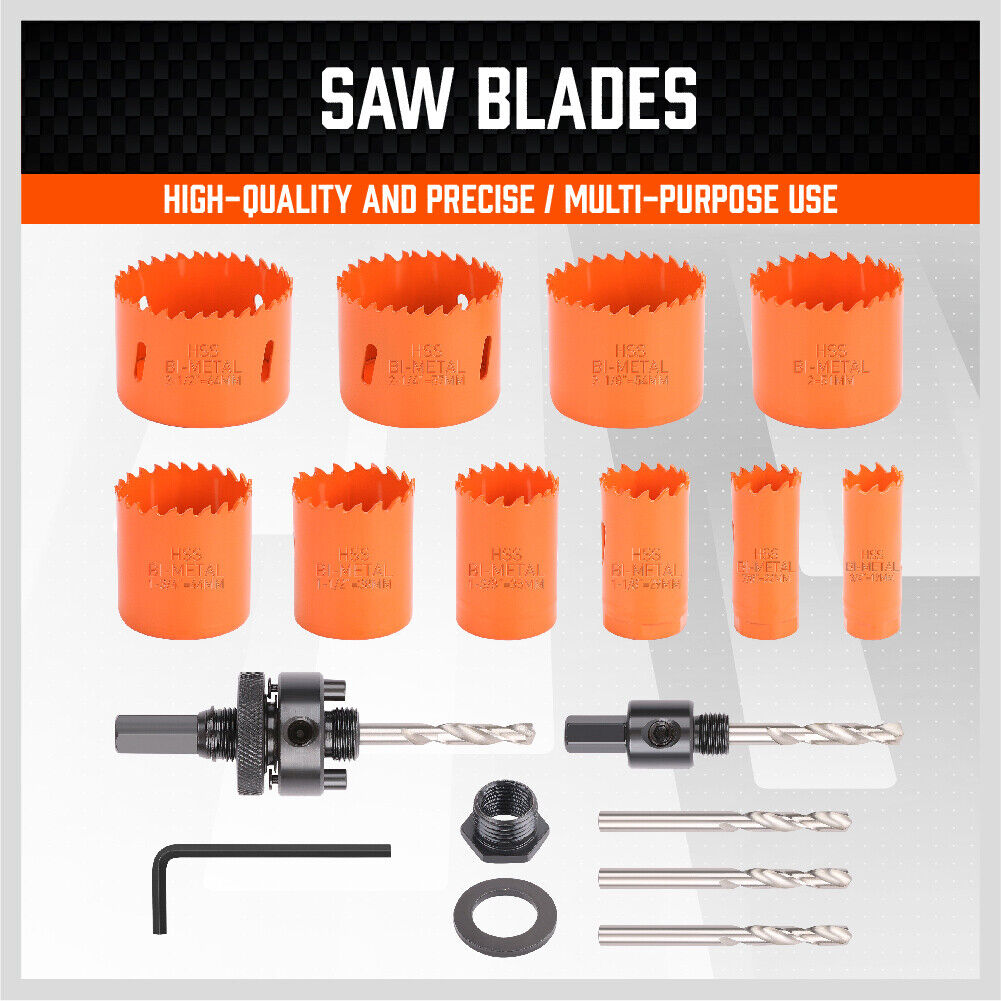 16-piece bi-metal hole saw set for precise cutting on metal, wood, gypsum, PVC, and plastic, with various sizes and durable construction