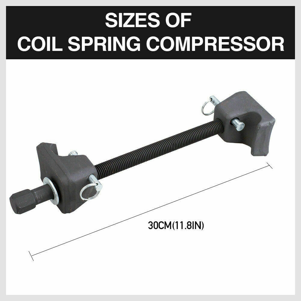 Heavy-duty coil spring compressor set for car and truck shock absorber replacement with storage case.