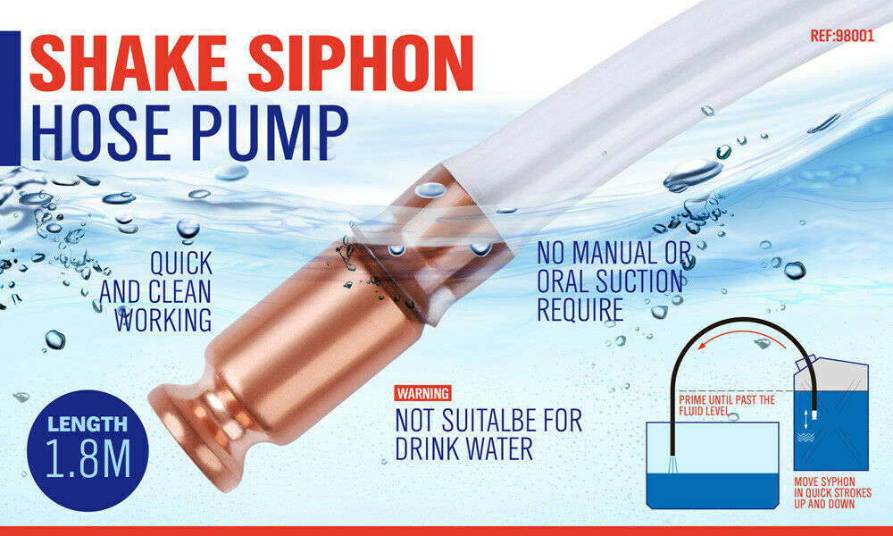 Syphon Jiggler Hose Pump featuring a 1.8-meter clear hose with a copper pump attachment. Designed for safe and efficient transfer of liquids, the anti-static hose is perfect for water, fuels, paints, and solvents. Easy-to-use with self-priming jiggle action, capable of transferring up to 3.5 gallons per minute
