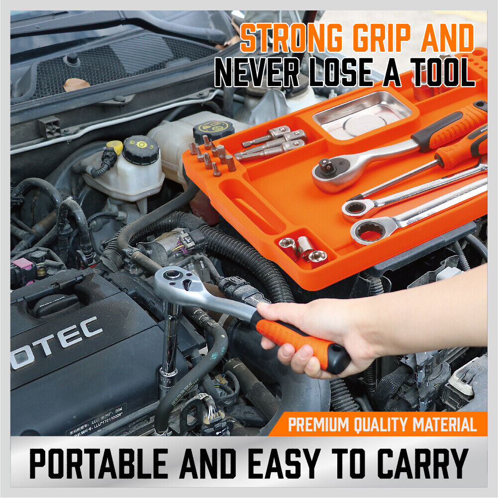 Medium Non-Slip Flexible Tool Tray with Magnetic Section for Small Parts