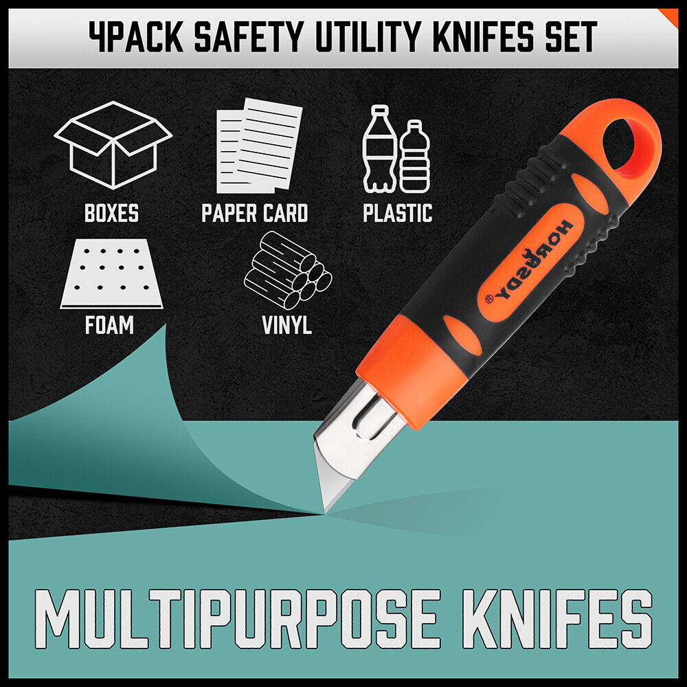 Set of four retractable box cutters with grip handles and 10 additional spare blades, ideal for cutting cardboard, paper, PVC, and crafts