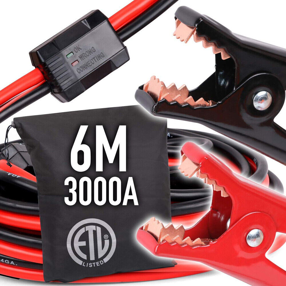Heavy-duty 6M 3000AMP jumper leads with surge protection and smart alarm indicator for safe and efficient jump-starts.