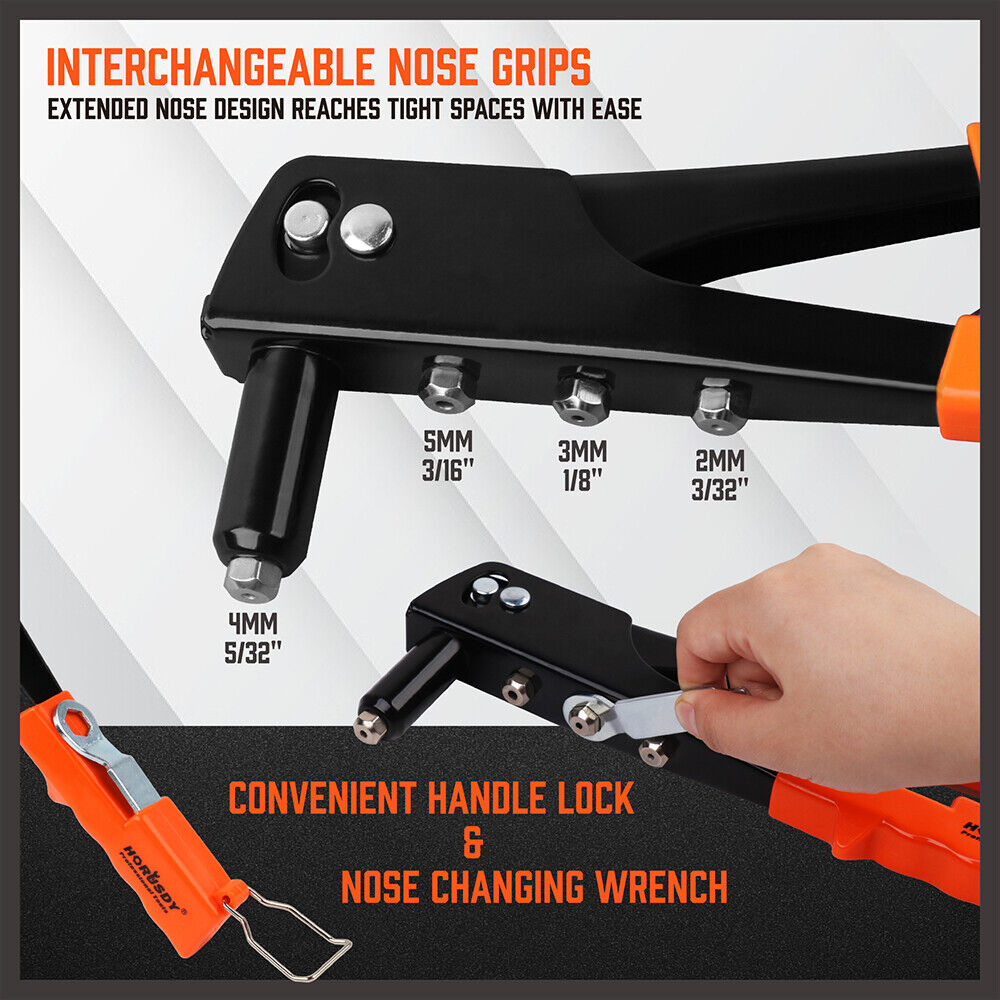 HORUSDY Heavy Duty 4-in-1 Pop Rivet Gun Set, Manual Riveter with Interchangeable Nozzles (5mm, 4mm, 3mm, 2mm) and Ergonomic Design for Easy Riveting