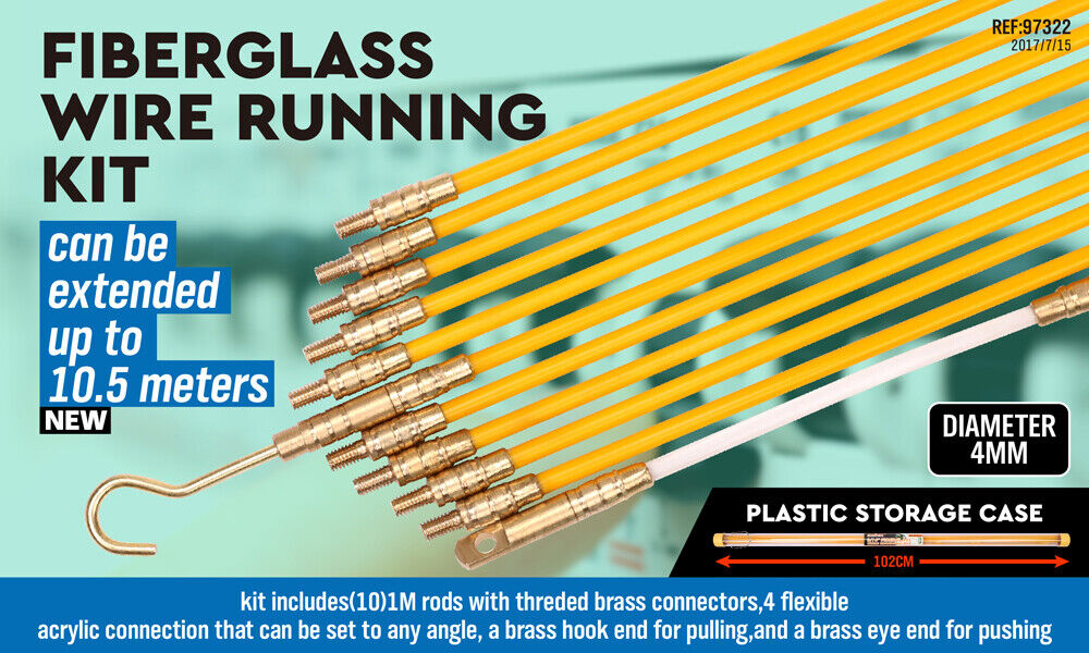 10.5m Long, 4mm Diameter Fiberglass Push Pull Rods for Wire Cable Installation by Electricians and Contractors